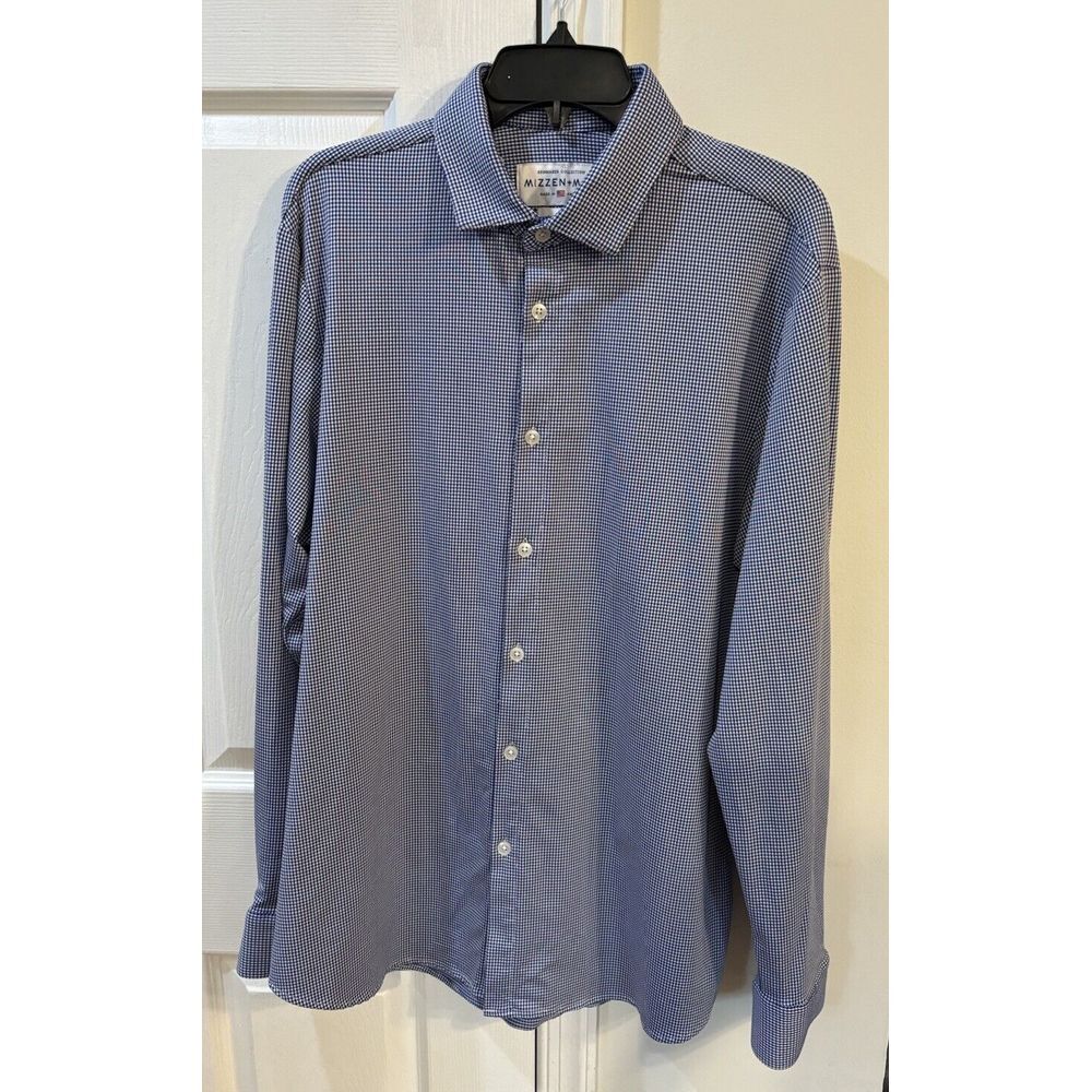Mizzen + Main Spinnaker Long Sleeve Shirt Mens Sz XL Trim Fit Blue White Checker